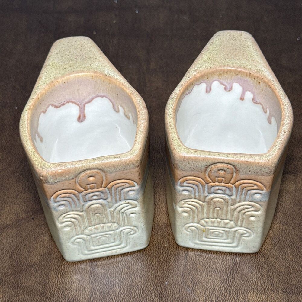 2 Rodolfo Padilla Aztec Design Drip Glaze Pottery Mugs Stacking Stoneware EUC